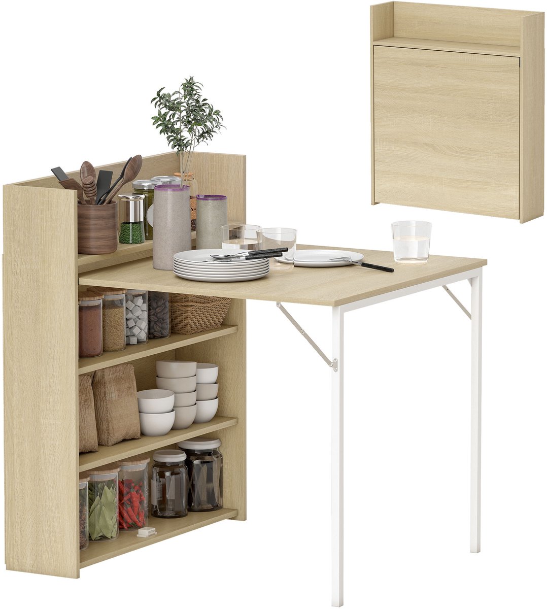 Homcom Opklapbare Eettafel-MDF, Staal-90L x 80B x 93H cm-Eiken
