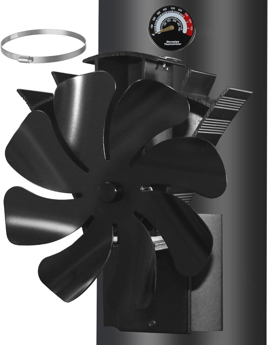 Magnetische Kachelventilator - Zwart - 8 Vleugels - Hittebestendige Magneten - Voor Houtkachels