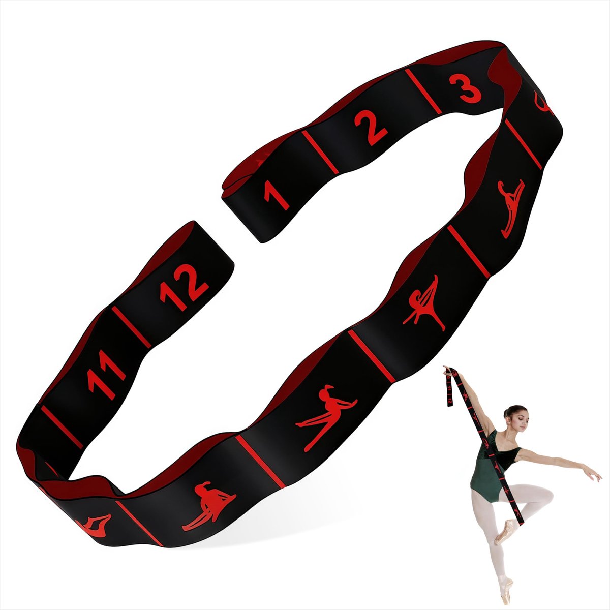 Yoga stretchband met 12 lussen - hoog elastisch - zwart rood - effectieve rekking - ShopVlot