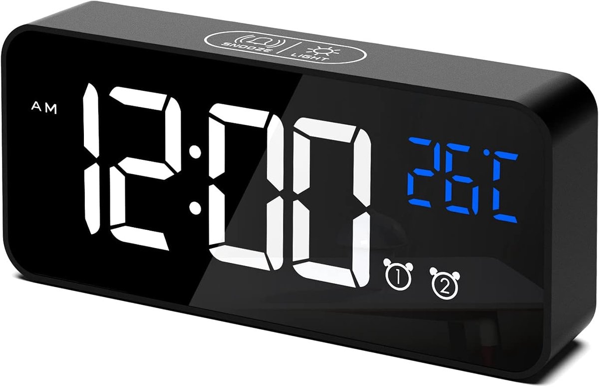 Digitale wekker, LED-digitale klok met temperatuurweergave/sluimerfunctie/2 alarmen/12/24-uurs tijdweergave/USB-oplaadpoort/10 melodieën