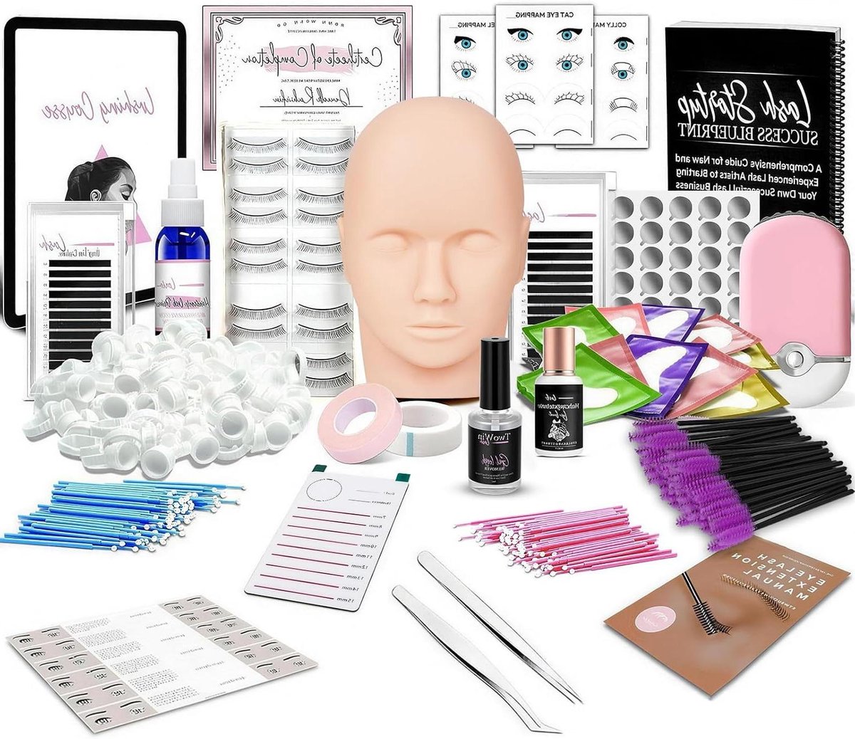Wimperverlengingskit - Make-up oefenkit - Wimpers aanbrengen - Realistisch oefenhoofd - 15 mm wimpers - Roze