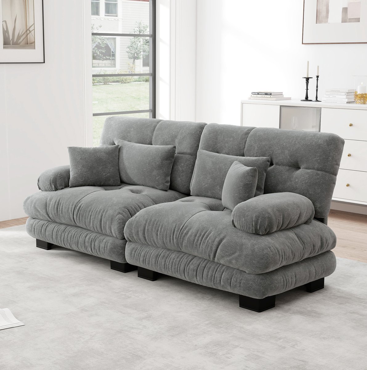 MODENUIT Zitbank 220 cm - 2-Zits - Met 2 Lendenkussens En 2 Sierkussens - Woonkamer - Chenille - Grijs