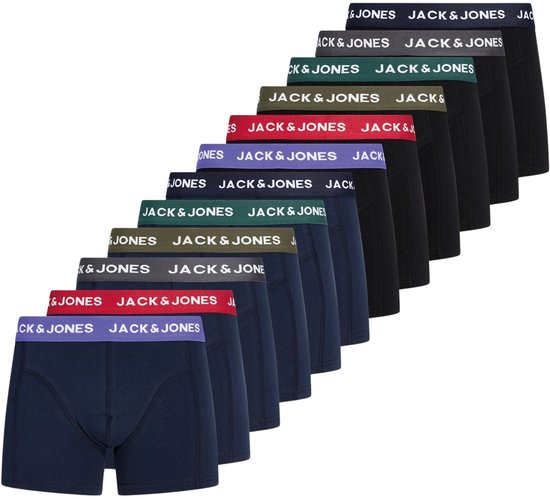 Twaalf paar Jack & Jones boxershorts in diverse kleuren en met logo taillebanden: donkerblauw, zwart, groen, rood, paars.