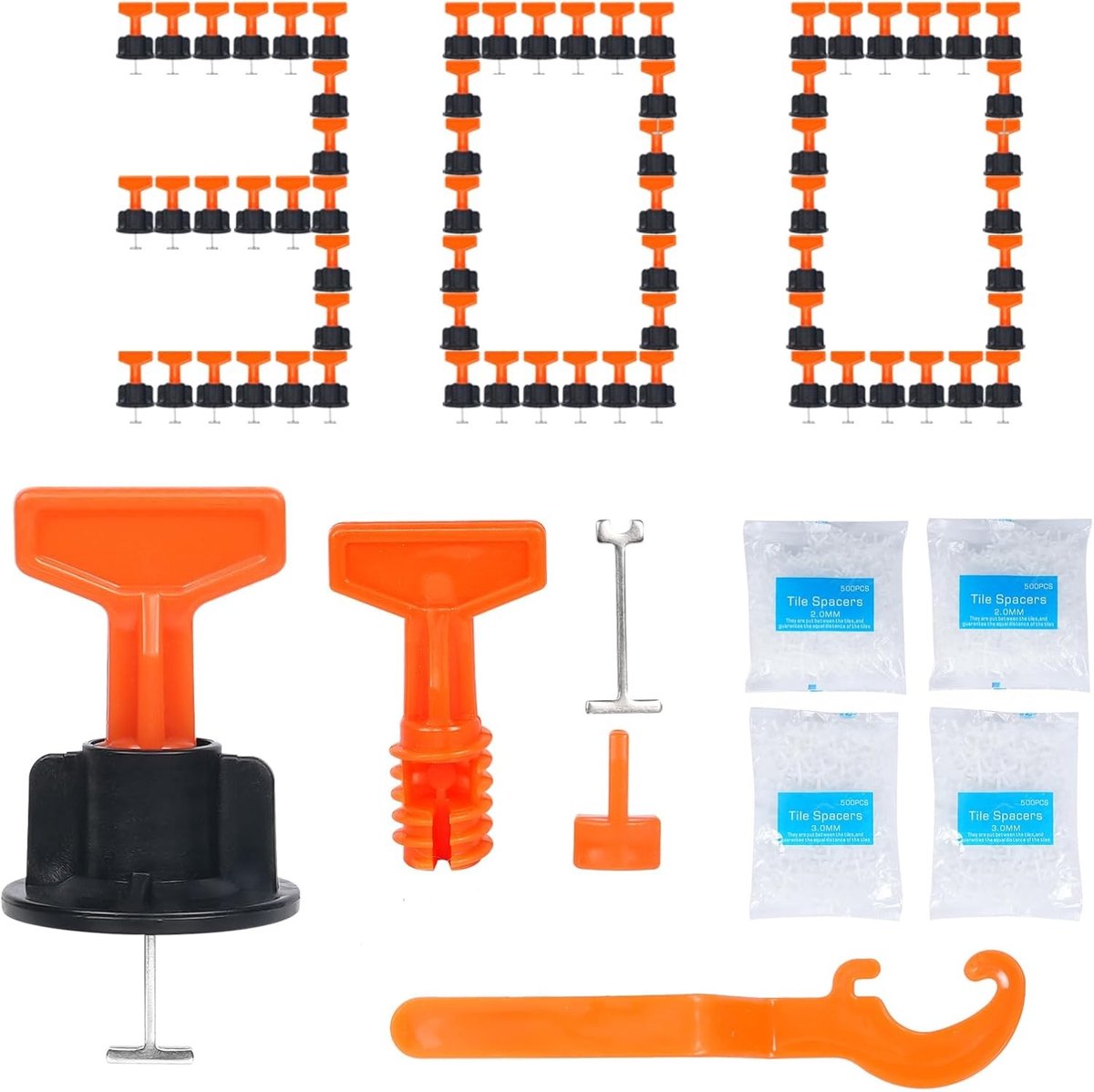 300 Stuks Tegelafstandhouders en 6 Speciale Sleutels voor een Perfecte Tegeluitlijning en Niveau, Inclusief 40 Stalen Pinnen voor Muren en Vloeren