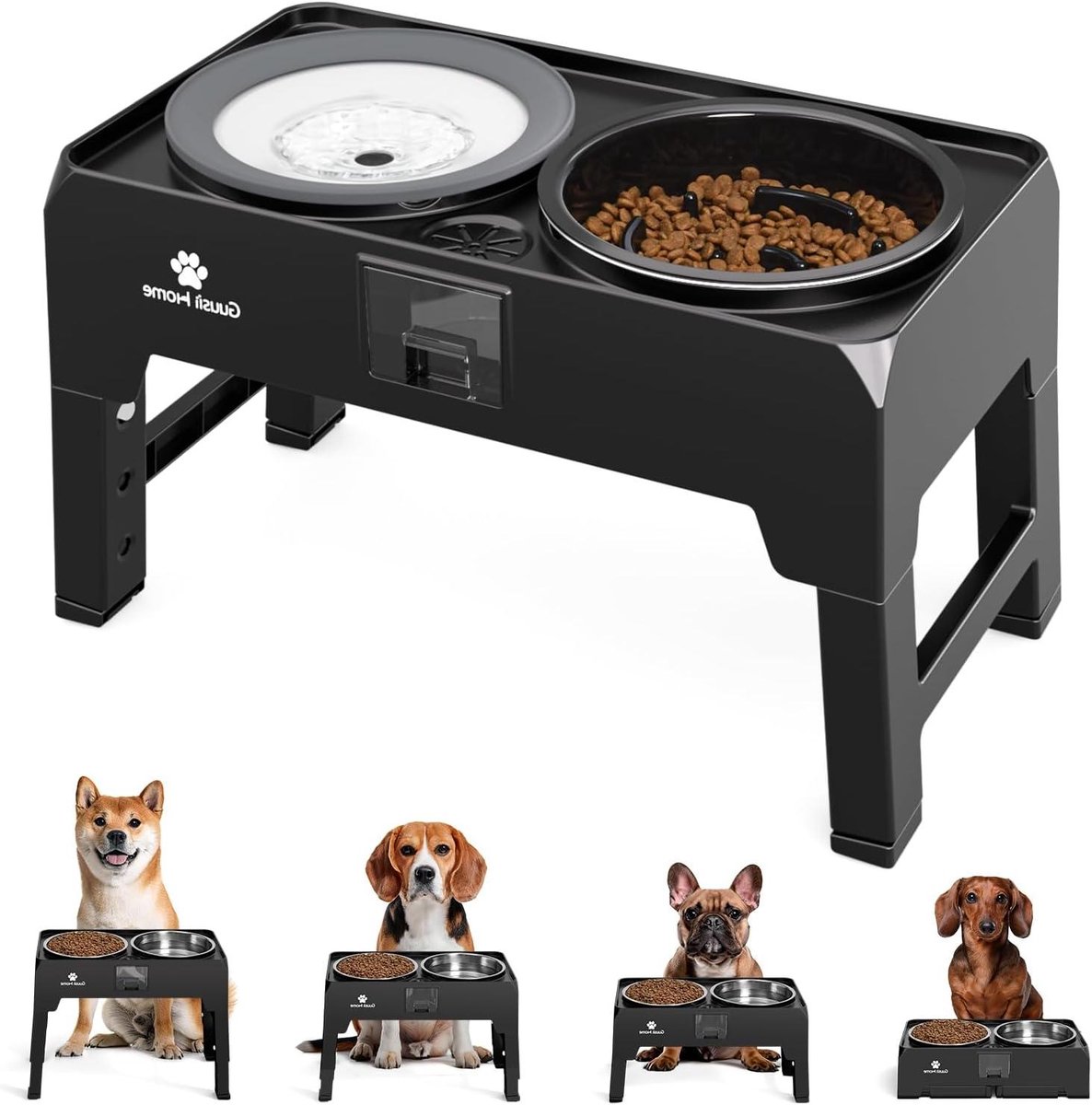 Verhoogde Hond Kom - Voerstation Huisdier - Comfortabel Eten - Verstelbare Hoogte - 2000ml Dubbele Kom - Zwart