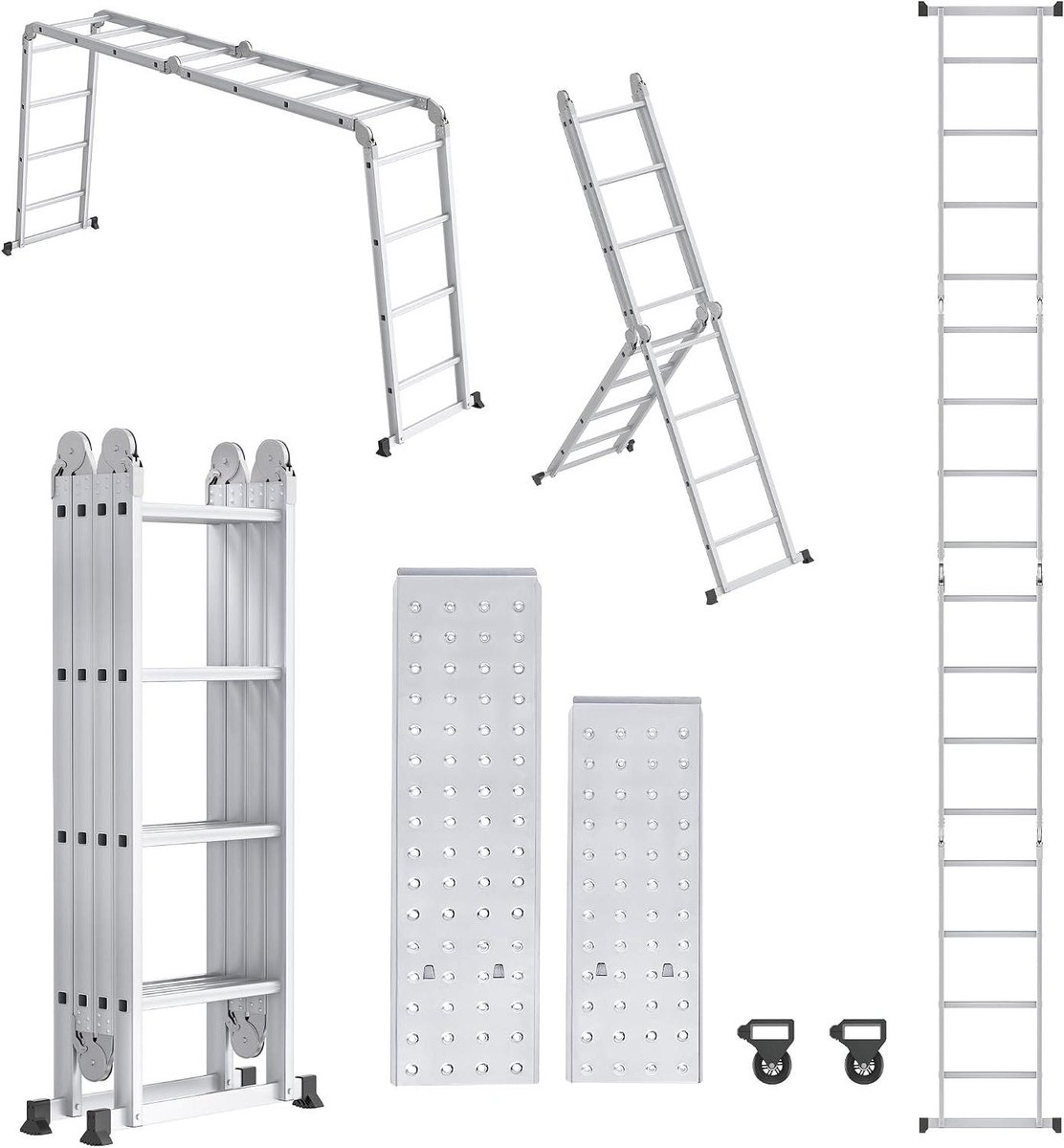 Aluminium Steiger - Vouwladder Combi - Veelzijdig Klussen - Veilig Antislip - 470cm Maximale Hoogte - Zilver