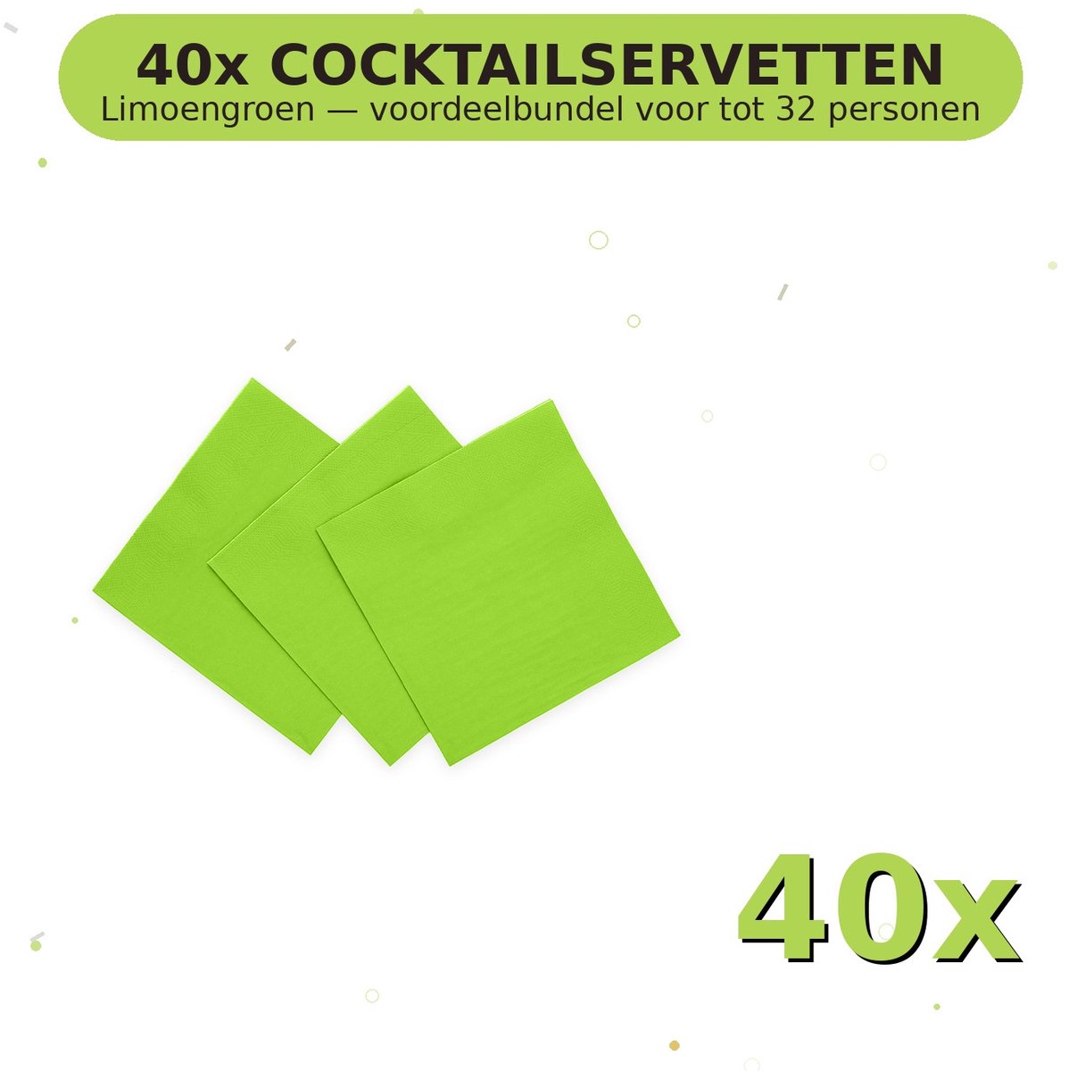 Cocktail servetten 24x24cm FSC Limoengroen - Voordeelverpakking 40 Stuks voor tot 32 Personen - Feestartikelen