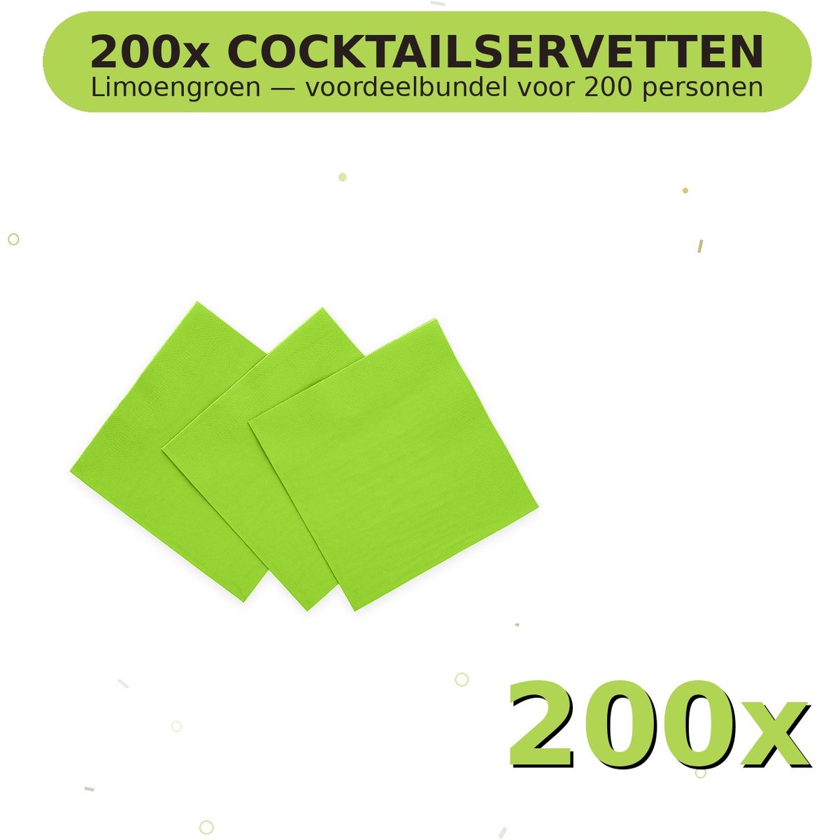 Cocktail servetten 24x24cm FSC Limoengroen - Voordeelverpakking 200 Stuks voor tot 200 Personen - Feestartikelen