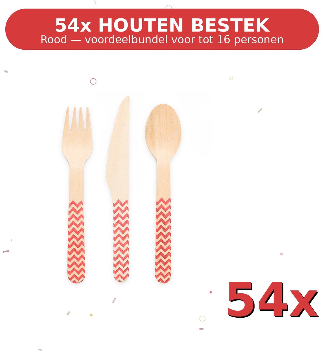 Houten bestek FSC Rood - Voordeelverpakking 54 Stuks voor tot 16 Personen - Feestartikelen