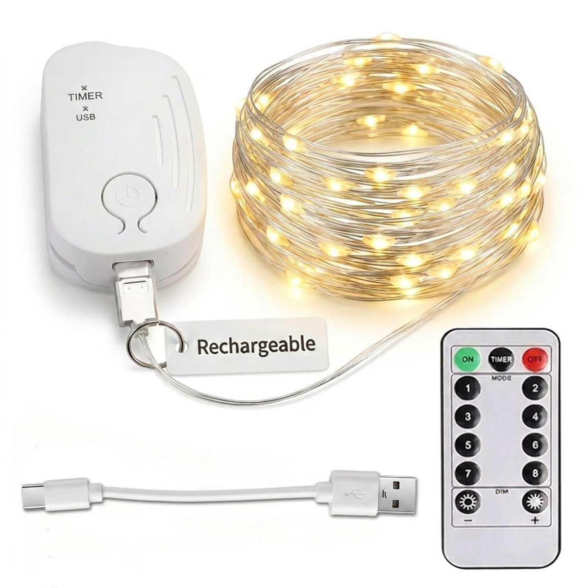 Oplaadbare lichterkette 5M 50 LED - Dimbaar koperdraad - USB-C snelladen tot 100U - Warmwit voor slaapkamer decoratie - ShopVlot