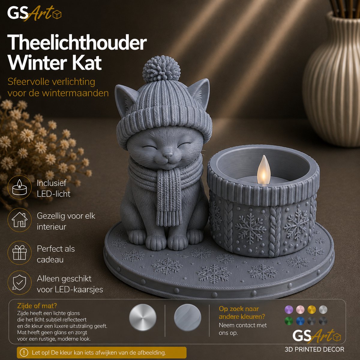 GSArt Theelichthouder Winter Kat – Inclusief LED-kaarsje - Mat Asgrijs