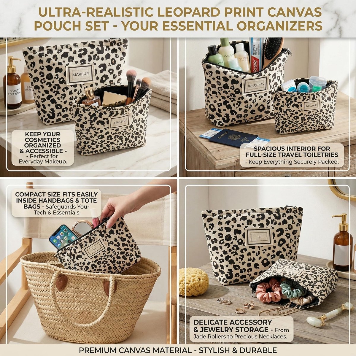 Cosmetische Tas Dames 2 Stuks - Canvas Organizer - Beige - Ideaal voor Reizen - ShopVlot