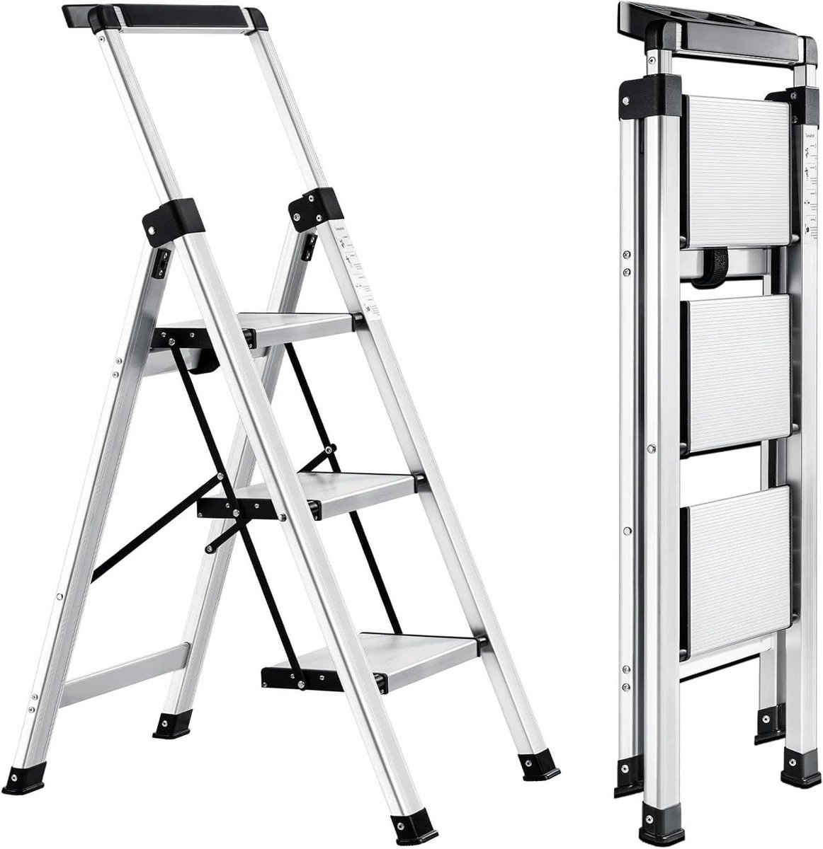 Trapladder met leuning - Vouwladder huishouden - Klusjes in huis - Met gereedschapsbak - 3 treden - Zilver
