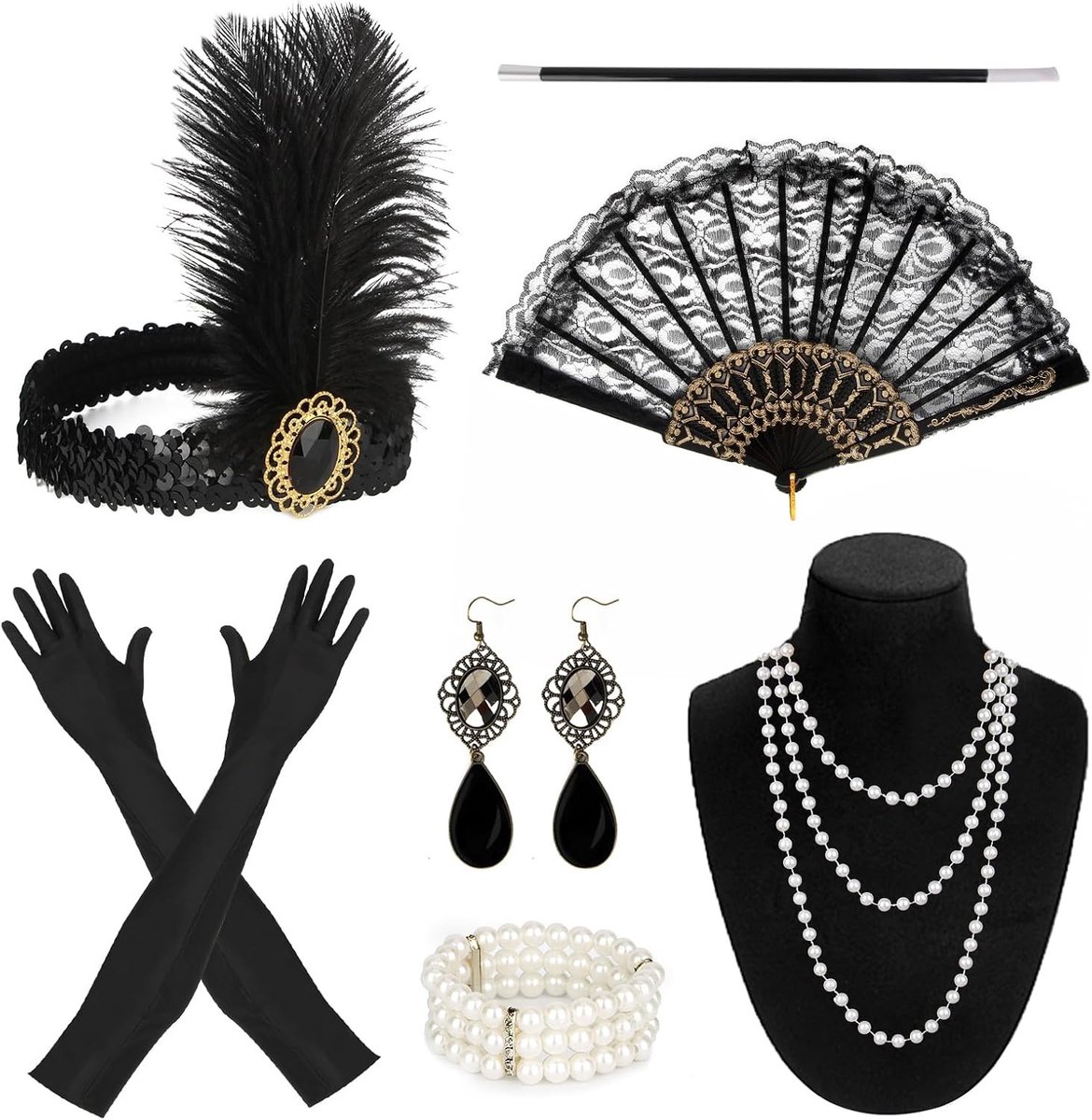 Flapper Kostuum Accessoires voor Vrouwen - Hoofdband, Oorbellen, Ketting en Handschoenen voor 1920s Feestjes