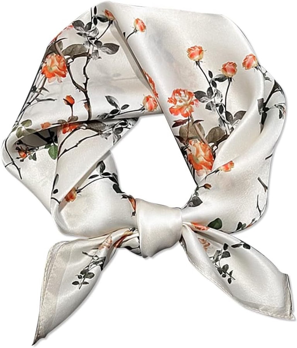 Satin Zijde Sjaal voor Vrouwen, Kleine Vierkante Sjaal 53×53cm met Bloemenprint, Lichtgewicht Bandana en Hoofddoek in Beige