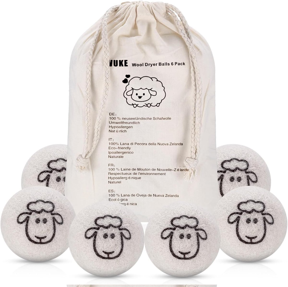 Drogerballen van 7 cm van 100% schapenwol, natuurlijke wasverzachter, antistatisch en droogtijd verkort, inclusief opbergtas voor optimaal gebruik