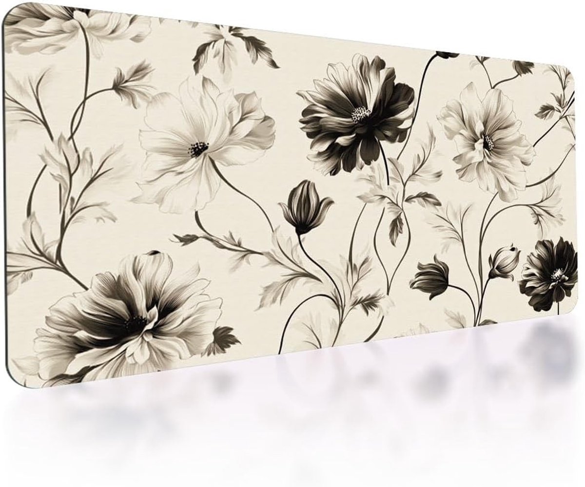Handgetekende bureau-onderlegger met antislip basis, grote muismat met bloemenpatroon voor gaming en kantoor, 38 x 78 cm