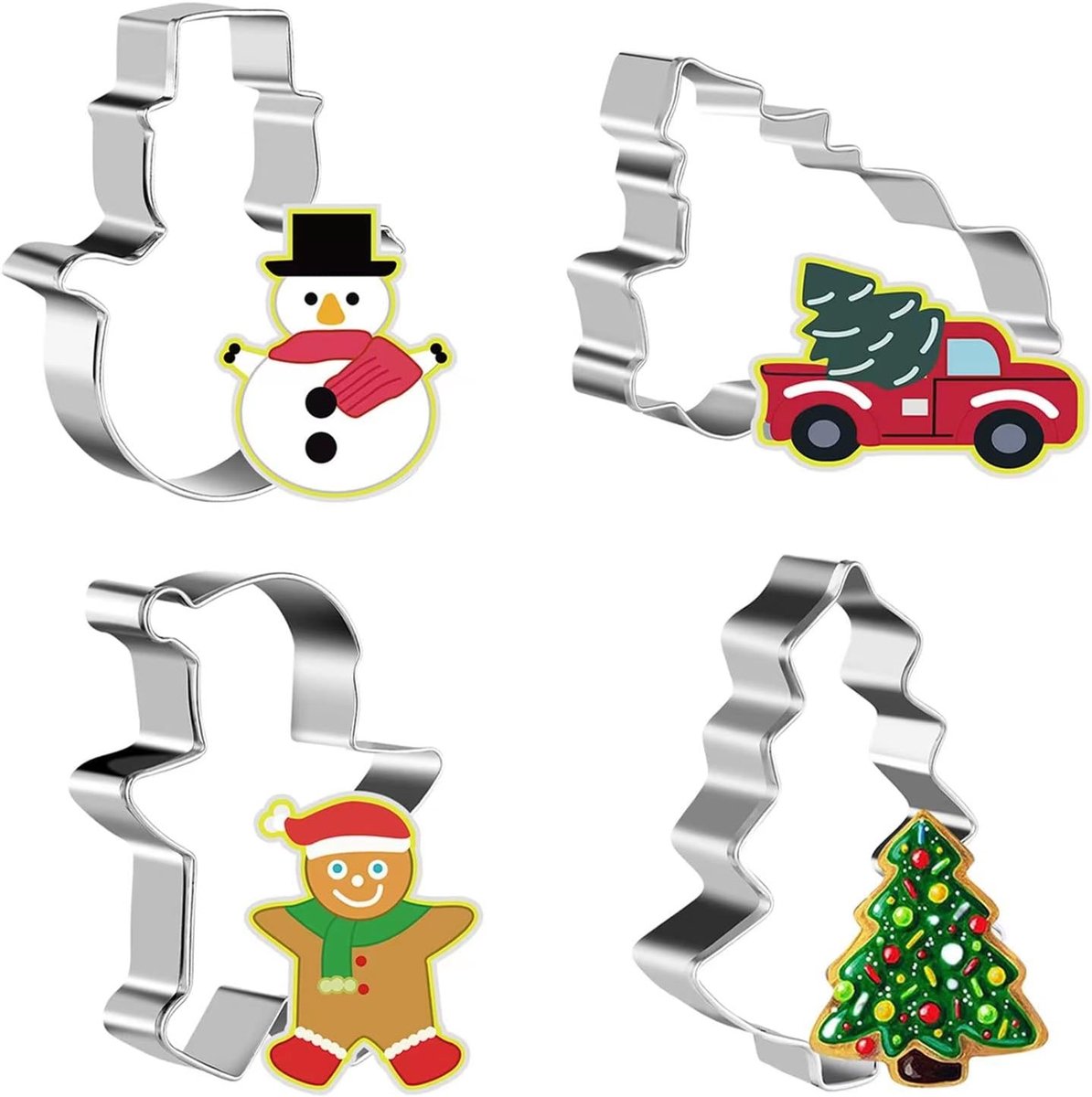 Set van 4 RVS Kerstkoekjesuitsteekvormen voor Bakken - Kerstboom, Sneeuwman en Peperkoekman Uitsteekvormen voor Feestelijke Koekjes