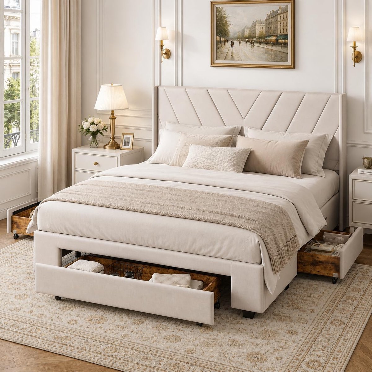 Queensize gestoffeerd bed met opbergruimte - 160 x 200 cm - modern standaard bedframe met 3 laden - houten lattenbodem - geen lattenbodem nodig