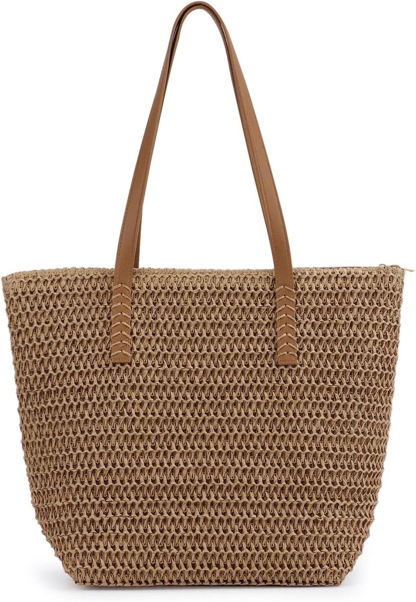 Grote handgeweven rieten schoudertas voor vrouwen, ideaal voor strand en zomer, bruin, One Size