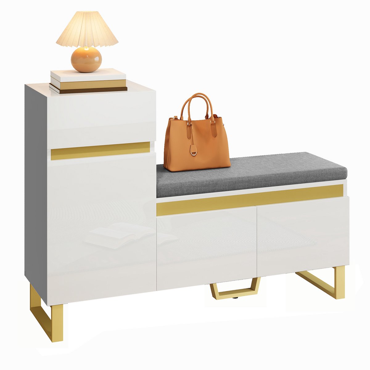 Merax Schoenenkast met Zitbank - 120 x 35 x 85 cm - Wit met Goudkleurige Accenten - Lade - Opbergvakken - Halmeubel