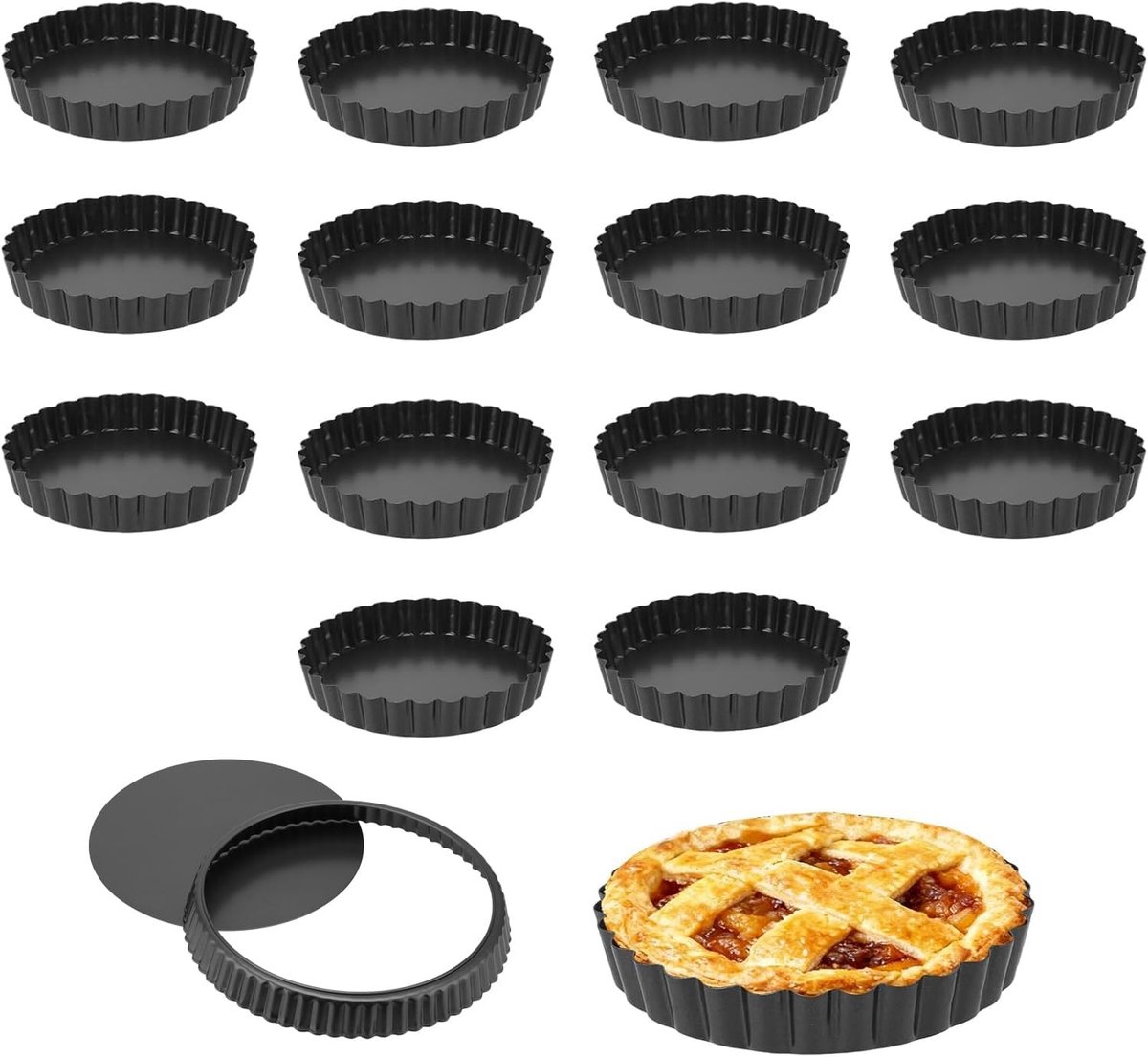 16 Stuks Mini Cakevormen 12cm, Antiaanbak Carbon Staal Quiche Pannen met Losse Bodem, Rond Geribbeld voor Taarten, Flans en Cheesecakes Bakken