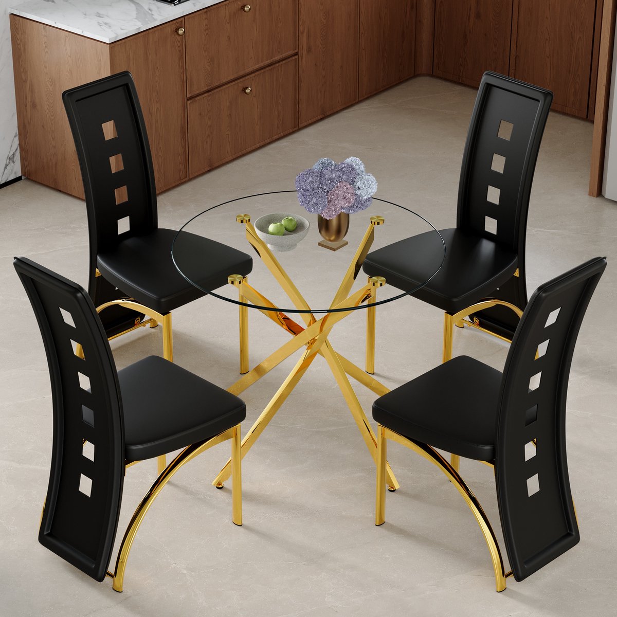 Wishdor Set tafel en stoelen - Ronde eettafel van gehard glas met 4 stoelen - Modern ontwerp voor eetkamer en keuken - Metaal en PU-leer - Zwart, goud en transparant