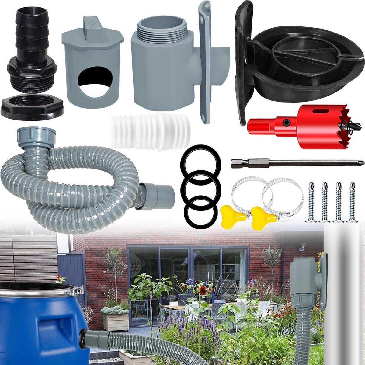 Regenwaterverzamelaar - Regenton aansluiting - Water Besparen - Verdikt PVC en Rubber - 80-110 mm pijp - Grijs