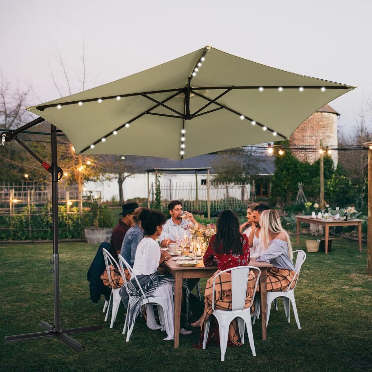 Zweefparasol - Tuinscherm Zonnedak - Buiten Ontspannen - Geïntegreerde LED Verlichting - 350cm Diameter - Beige – foto 3