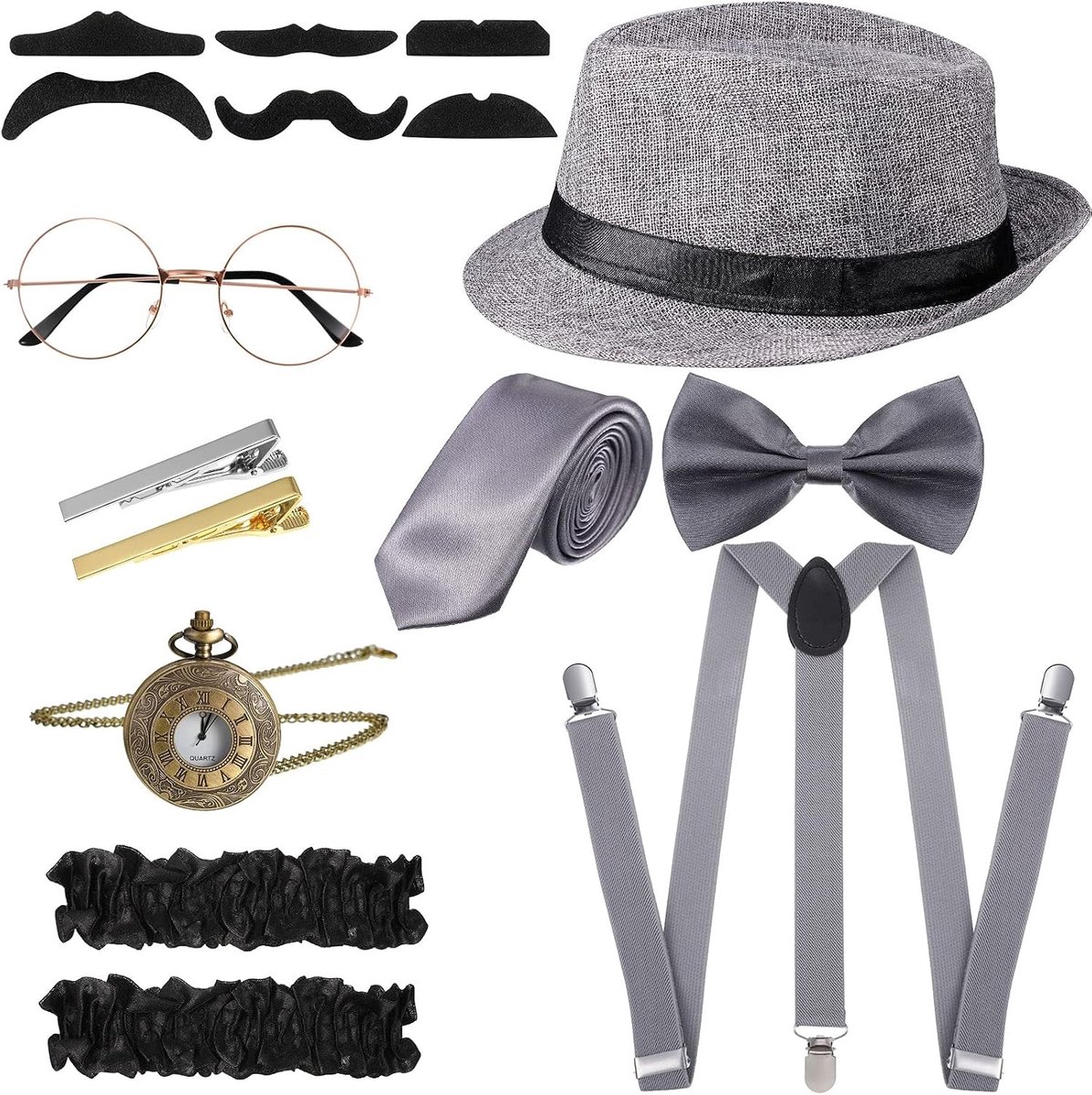 Retro kostuum voor volwassenen uit de jaren 1920 met accessoires zoals hoed, vlinderdas, zakhorloge en bretels in grijs