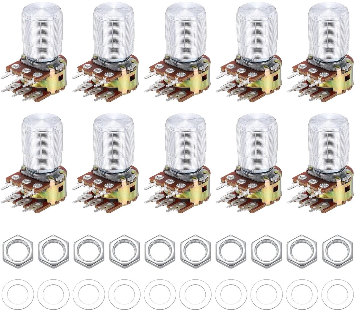 Potentiometerset, 6-polige as deelbaar, strikte dubbele conische draaipotentiometer, audio met draaiknop, moer, sluitring voor volumeregeling, audio