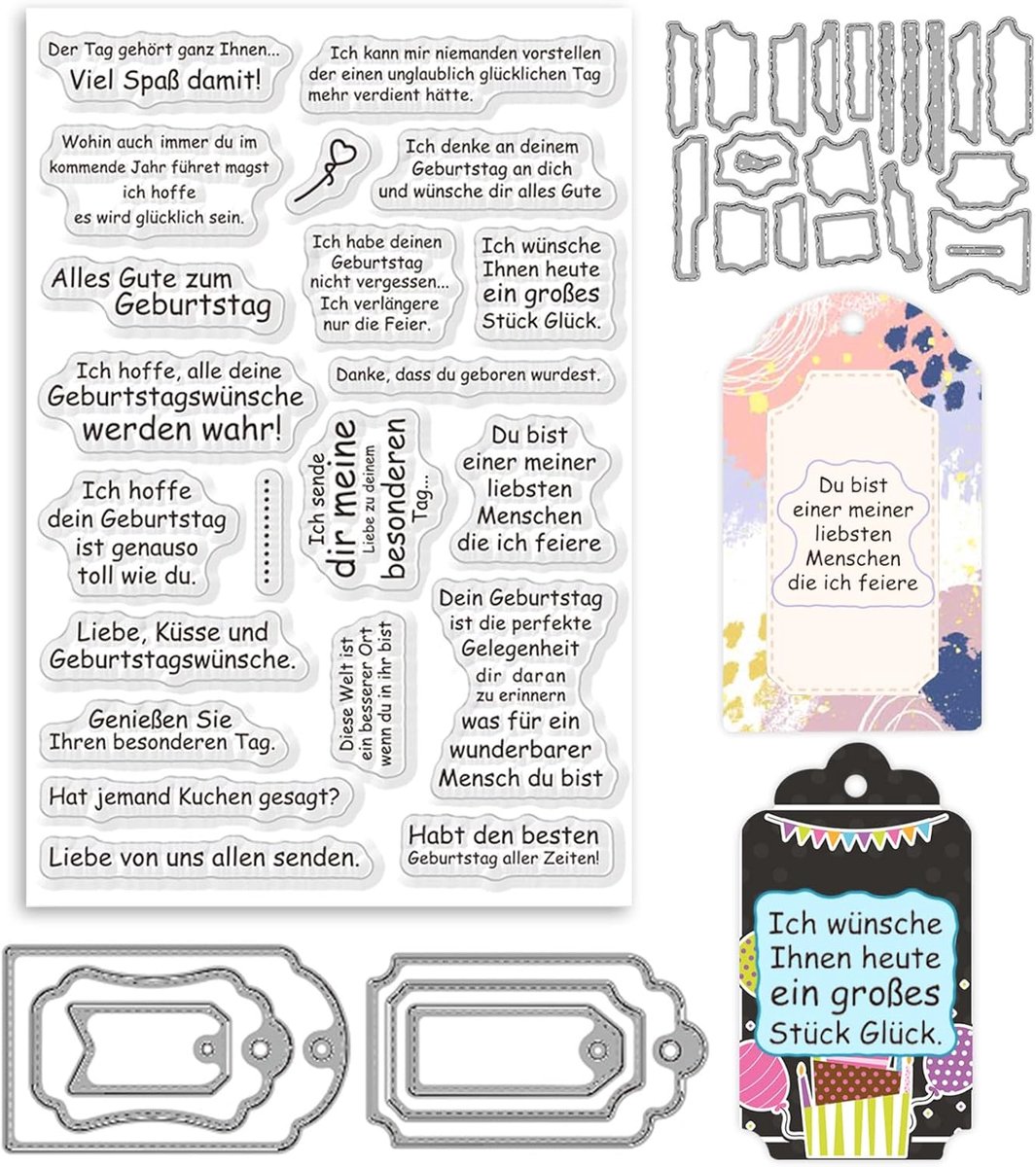 Duitse verjaardag spreuken stanssjablonen en stempelset voor doe-het-zelf scrapbooking album decoratieve papiervormen kaarten maken | Decoratieve papiervormen geschikt voor doe-het-zelf scrapbooking en het ontwerpen van fotoalbums