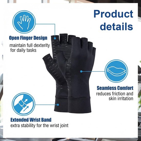 1 paar artrose handschoenen, artritis-handschoenen, reuma handschoenen, handenhouder, compressiehandschoenen voor dames, van kopervezel, zwart, uniseks, gewrichtsbelasting, halve — afbeelding 3