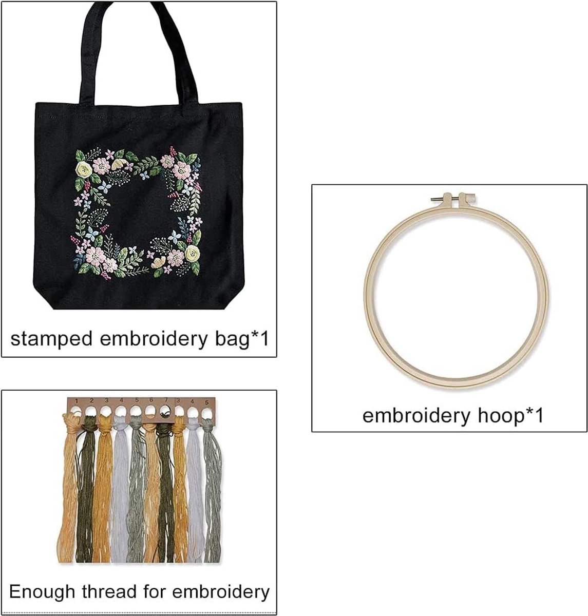 tas, borduurset, kruissteekset met bloemenpatroon, kunsthandwerk, starterset met borduurtas, borduurframe, kleurdraden en instructies voor volwassenen en beginners