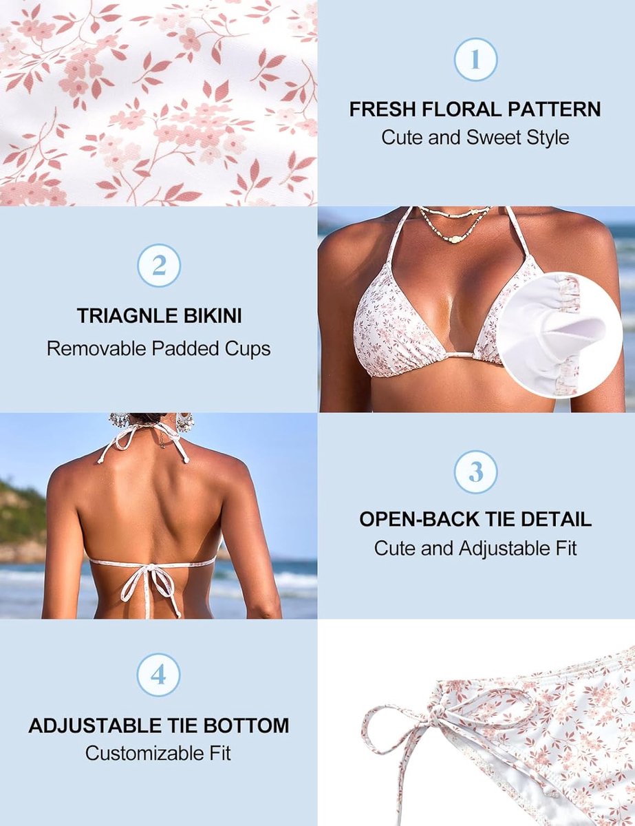 Schattige bikini voor dames, 3-delige set met bloemenpatroon, driehoekige haltertop, onderkant met vetersluiting aan de zijkant en wikkelrok