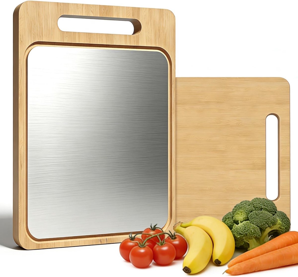 Keuken Dubbelzijdige Snijplank Gemaakt van 304 Roestvrij staal Voedselkwaliteit en Bamboe 39 x 28 cm