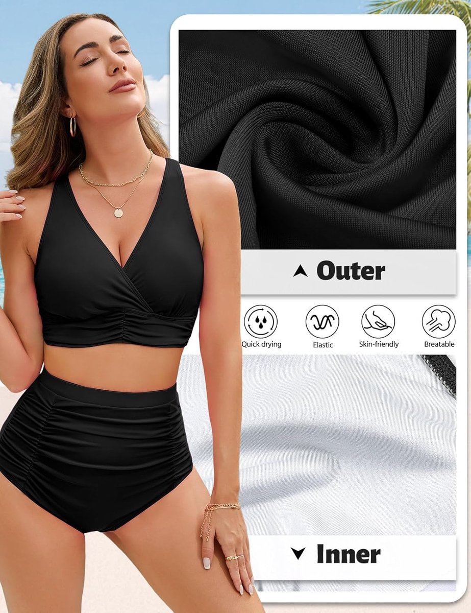 Badmode voor dames, tweedelige push-up, sets met hoge taille, bikiniset, geplooid, met buikcontrole, V-hals, elegant