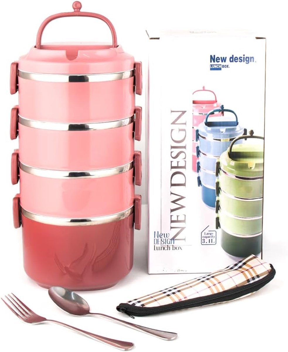 4 laag 18/8 roestvrijstalen lunchbox,stapelbare, Meerlaagse gratis combinatie Bento Box, met handvat,roze