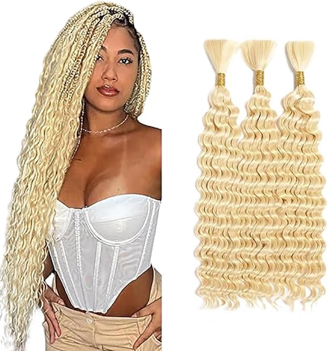Wave Human Braiding Hair for Boho Braids #613 Blonde Color Human Hair Extensions No Weft Weave 50g/Piece for Women Low Shedding 14 14 14 Inch