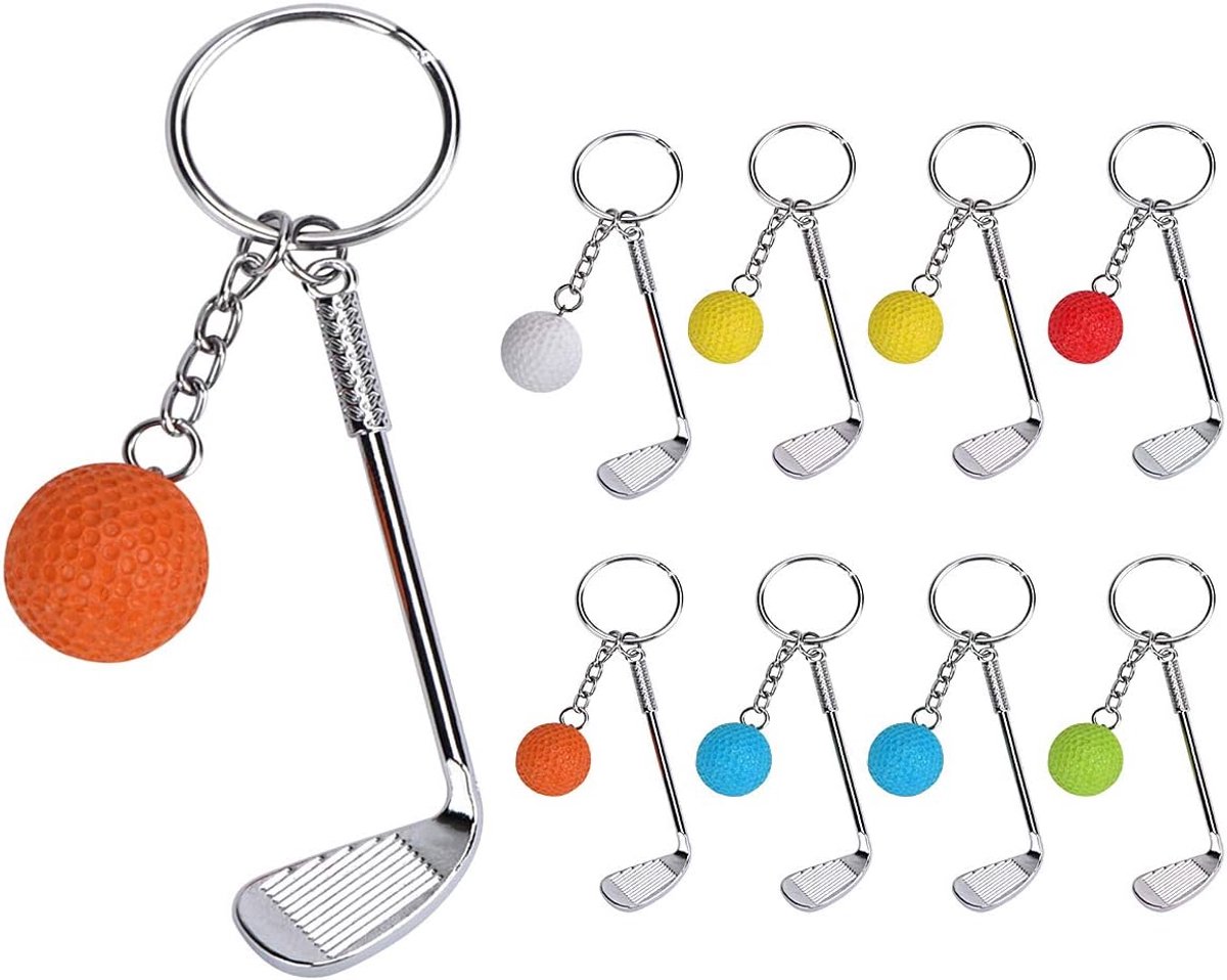 9 stuks golfsleutelhangers, mini-golfsleutelhangers met golfclub | sleutelring, mini golfclub, balhanger, metaal, sleutelring, golf, cadeau, rood, 8x2.5cm