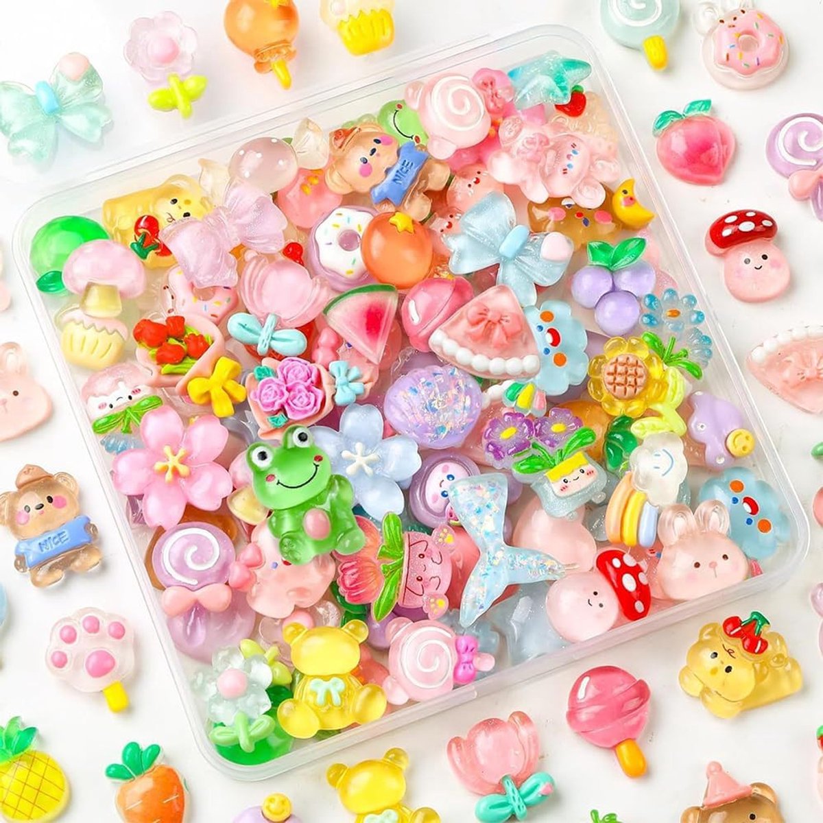 80 stuks gemengde willekeurige flatback hars bedels, schattige bedels, cartoon decoden bedels, geassorteerde kleuren en vormen, voor DIY knutselen, scrapbooking, telefoonhoesje, haarklemmen