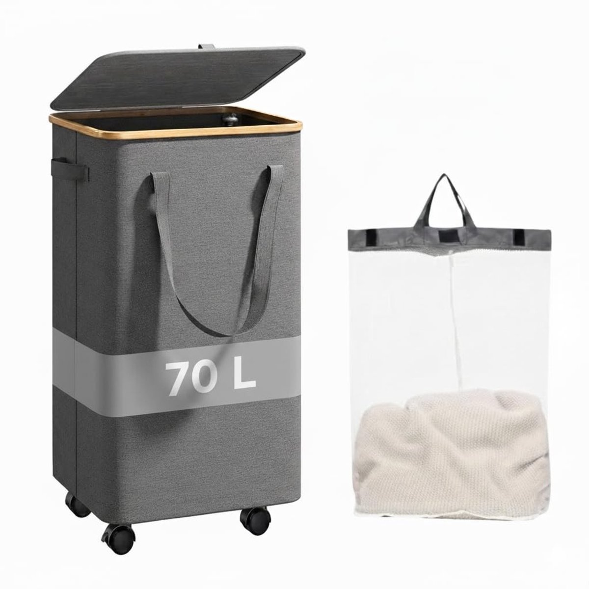 Omgoods - 70L Wasmand met Wielen en Deksel voor Gemakkelijk Vervoer