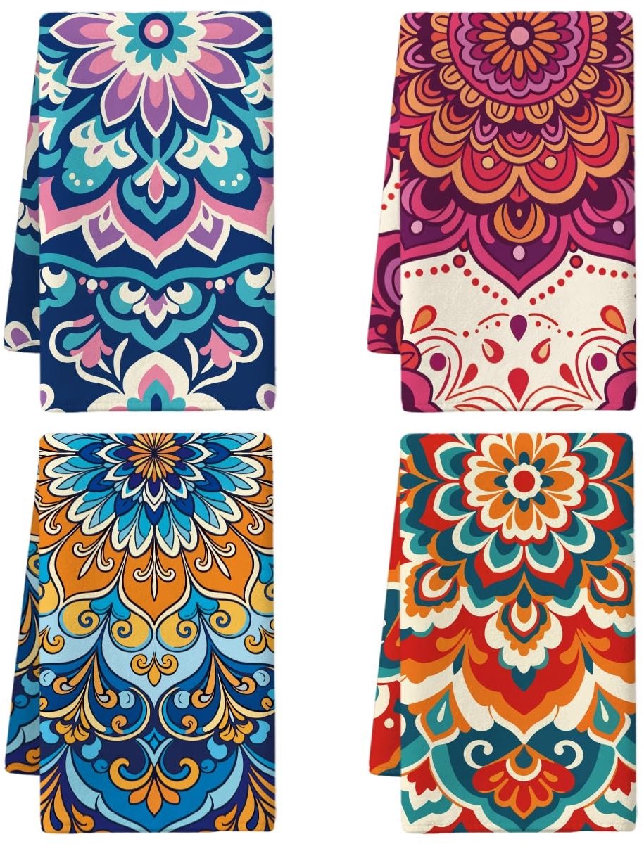 Omgoods - Set van 4 Theedoeken met Mandala Patroon - 66x45 cm - Keuken & Badkamer