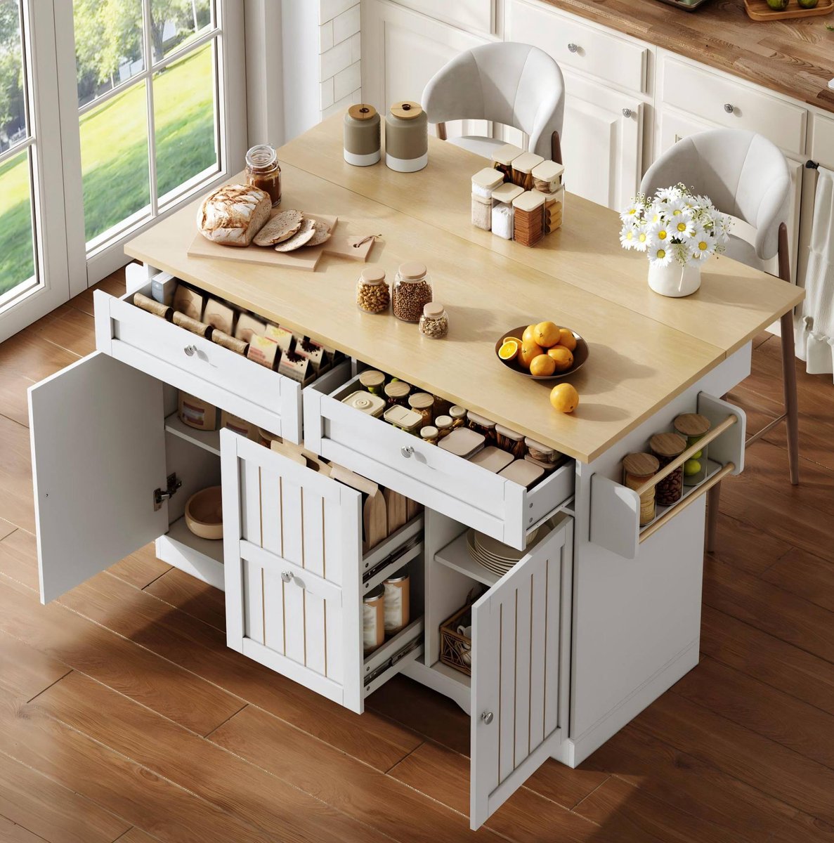 REDOM- Keuken eiland - Opklapbaar werkblad - 2 verticale lades en 2 grote lades - Verrijdbaar - Vintage stijl - Keuken - MDF - Natural/Wit - 120 x 70 x 92 cm