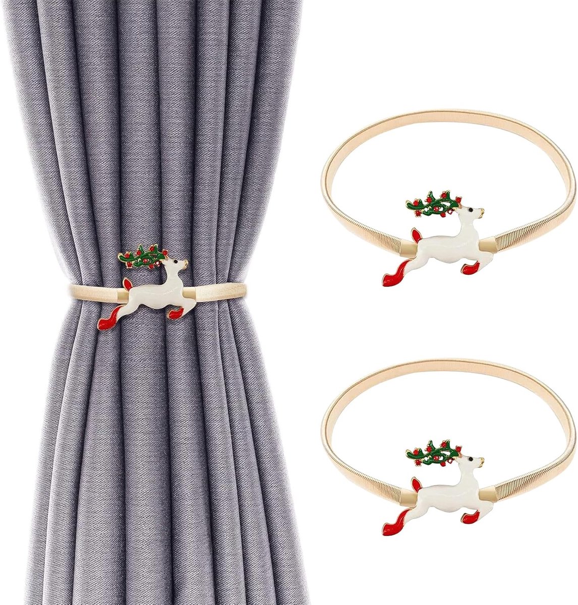 SnelShoppen - 2 Stuks Kerst Gordijn Klemmen, Creatieve Gordijnhouders met Hert Ontwerp, Elastische Gordijn Touwen voor Thuis, Kantoor, Hotel, Raamdeco