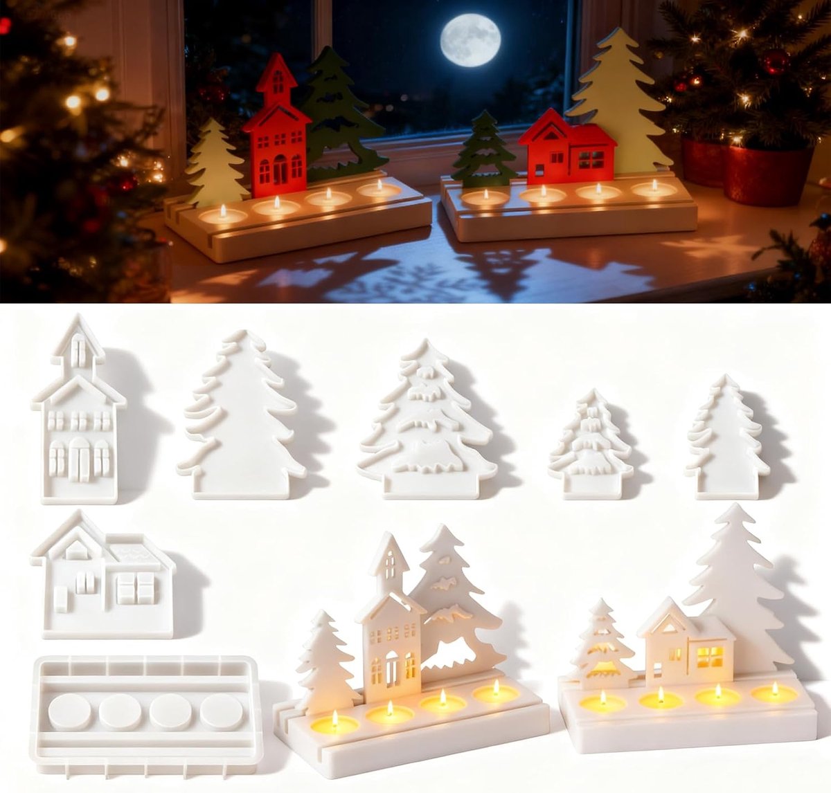 7 Pcs Christmas Candle Moulds, Christmas Tree, House Candles, Silicone, Resin Moulds for Making Scented Candles - ShopVlot