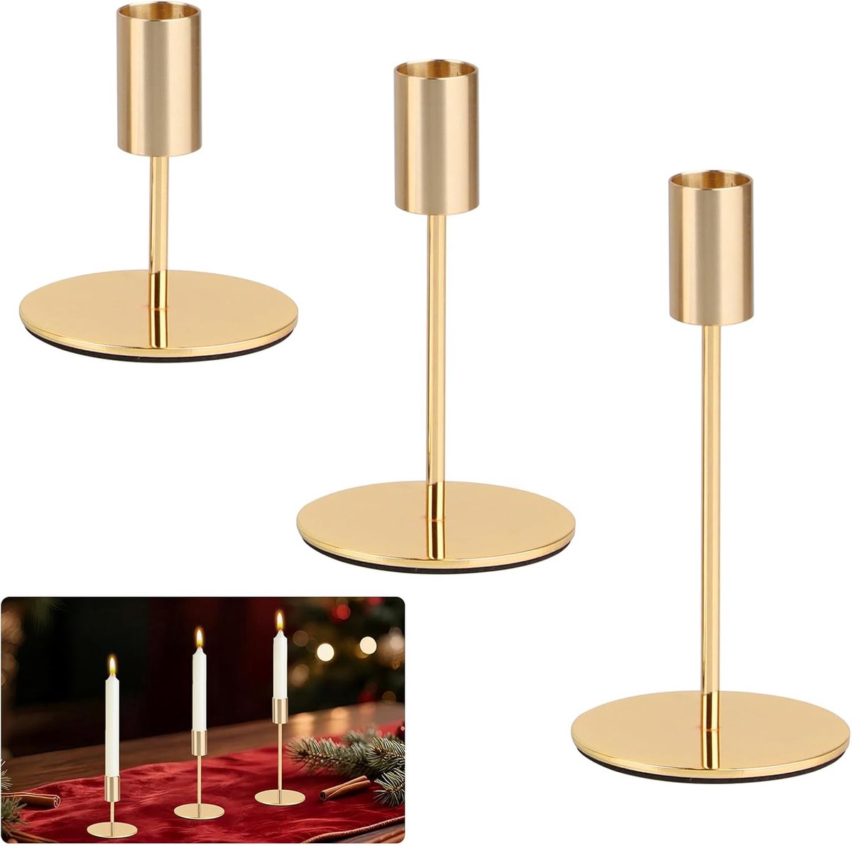 SnelShoppen - 3-delige gouden kaarsenhouders set, stijlvolle decoratie voor feest, woonkamer, bruiloft en tuin, ideaal voor kaarsen van verschillende