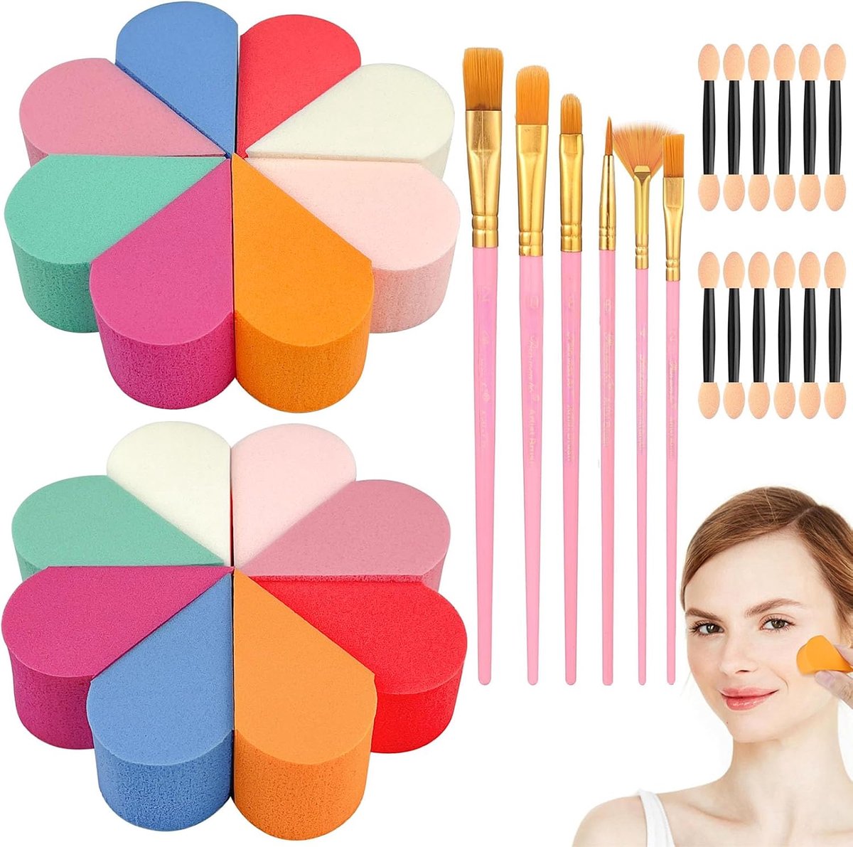 Make-up sponsset met bloemblaadjes - 2 stuks - 6 kwasten en 10 dubbelzijdige oogschaduwkwasten - ShopVlot