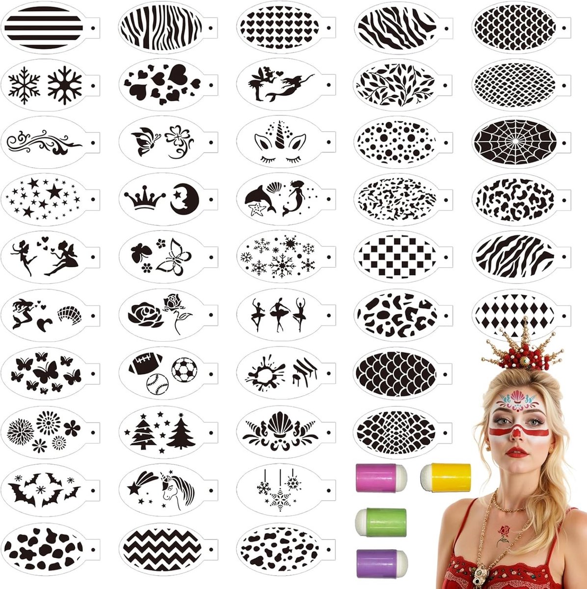 Stencils voor gezichtsverf met 4 vinger sponsen, herbruikbare body stencils voor Halloween, make-up feest en carnaval, 44 ontwerpen voor kinderen en volwassenen