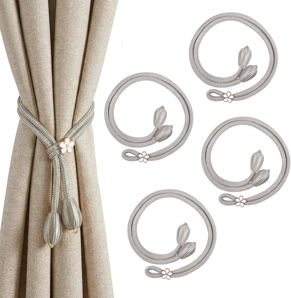 SnelShoppen - Gordijnhouders 4 Stuks Gevlochten Elegante Bloem Gordijnbanden voor Thuis, Kantoor, Woonkamer, Slaapkamer - Grijs Polyester Gordijnhoude